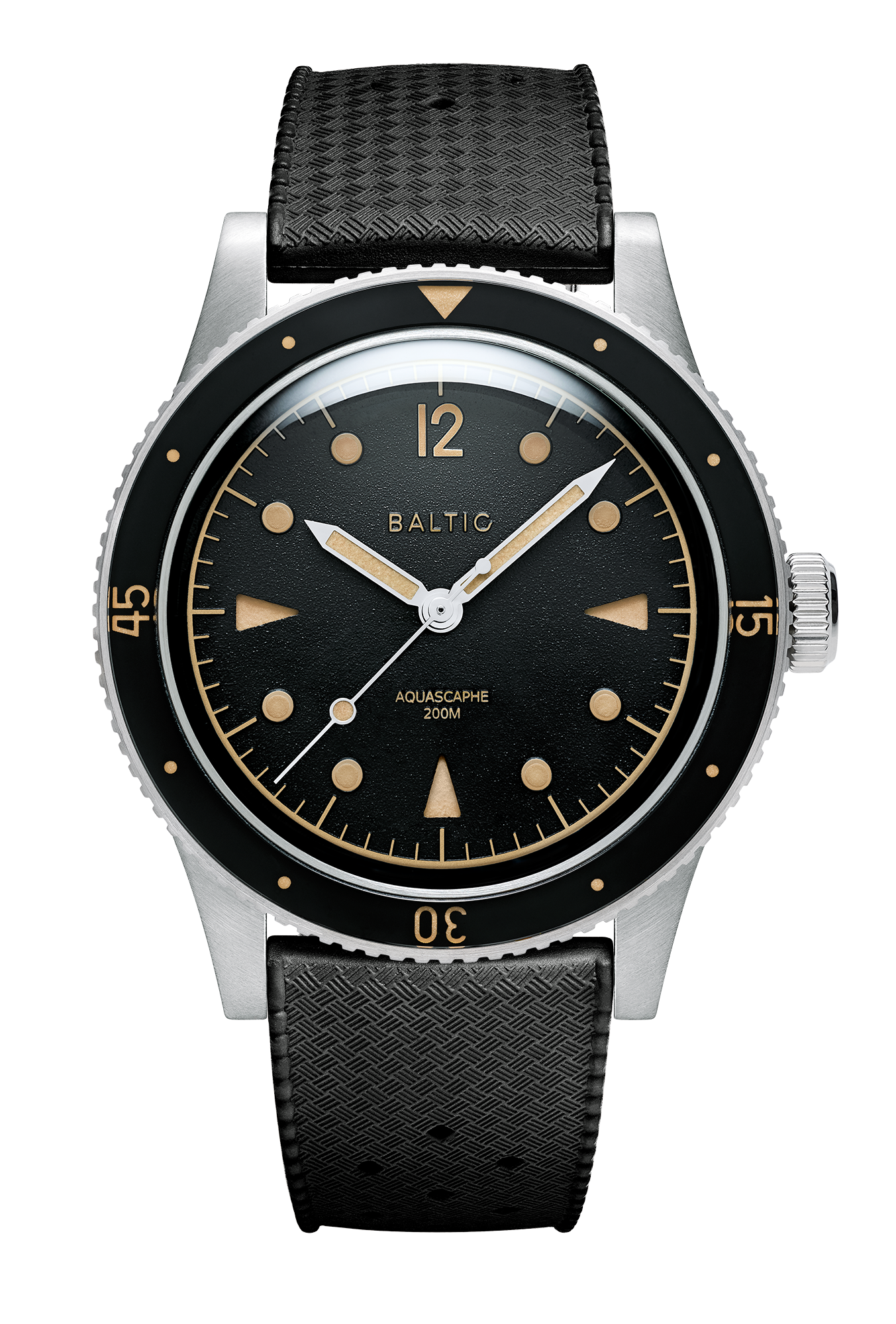 Baltic Aquascaphe Classic Black Gilt with grained black dial, gold indices, and black FKM rubber strap