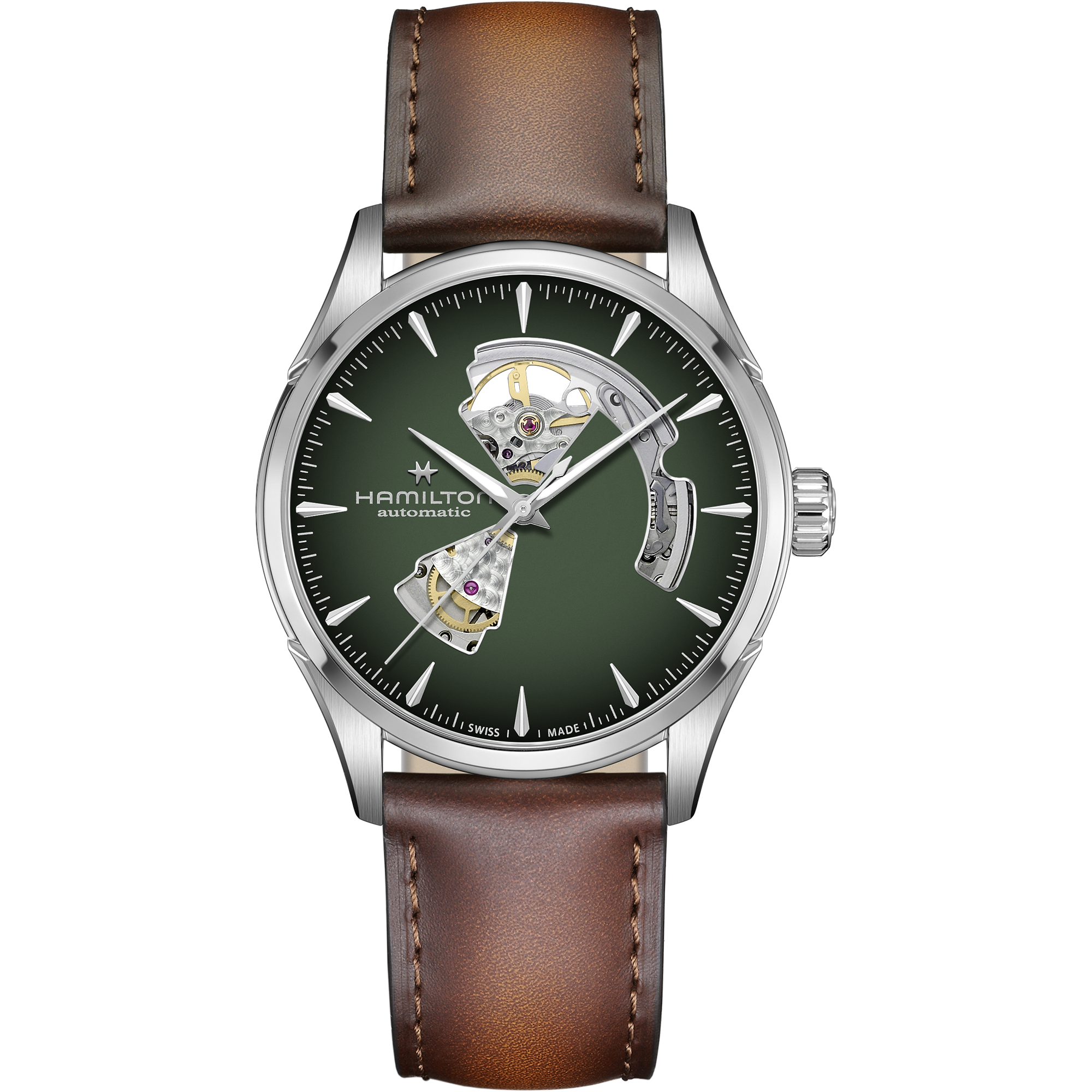 Hamilton Jazzmaster Open Heart Auto H32705560 with green dial and open heart cutout showing the balance wheel