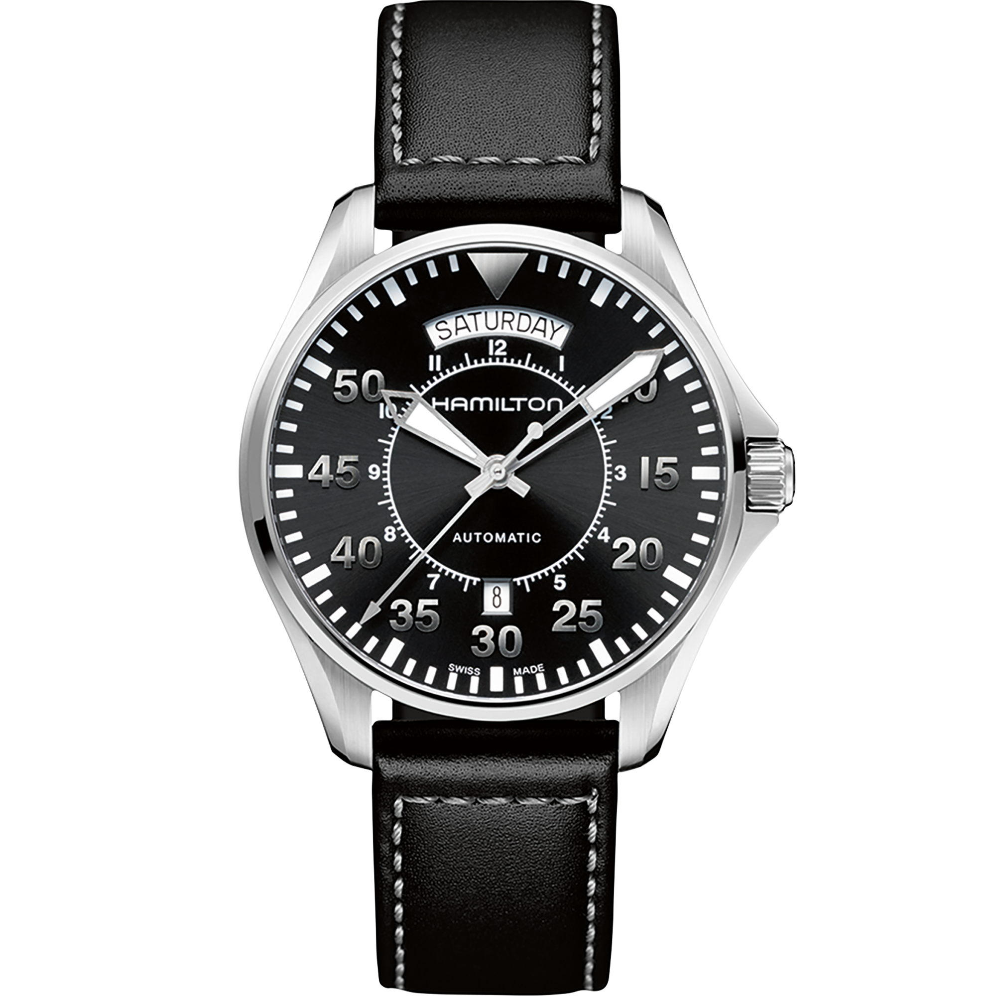 Hamilton Khaki Aviation Pilot Day Date Auto H64615735 with black dial and leather strap
