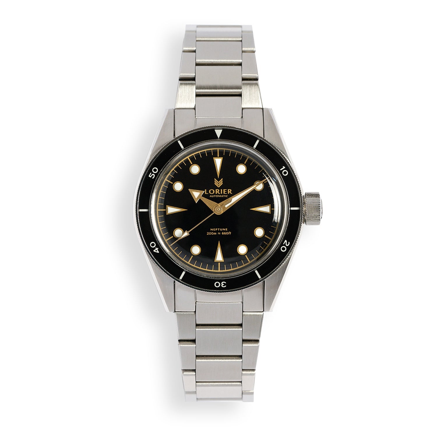 Lorier Neptune Series IV with black dial, gilt indices, and stainless steel bracelet