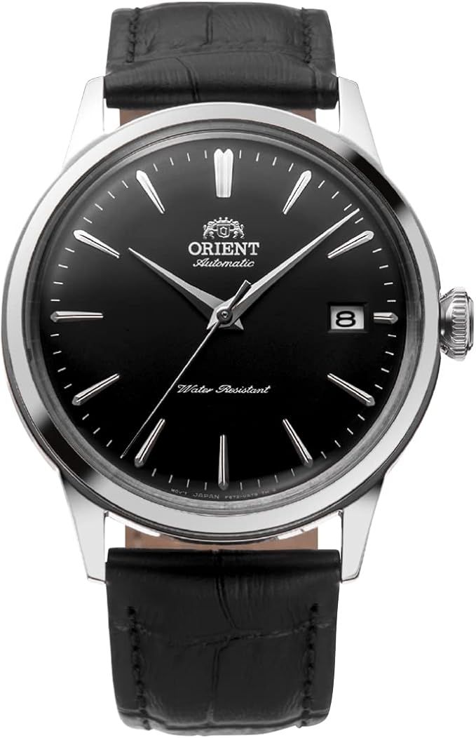 Orient Bambino Version 7 automatic dress watch with black dial and black leather strap